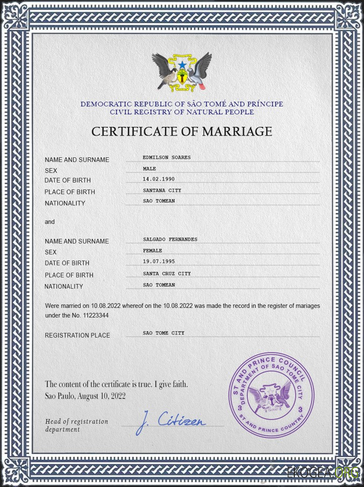 Modèle PSD de certificat de mariage de Sao Tomé et Principe